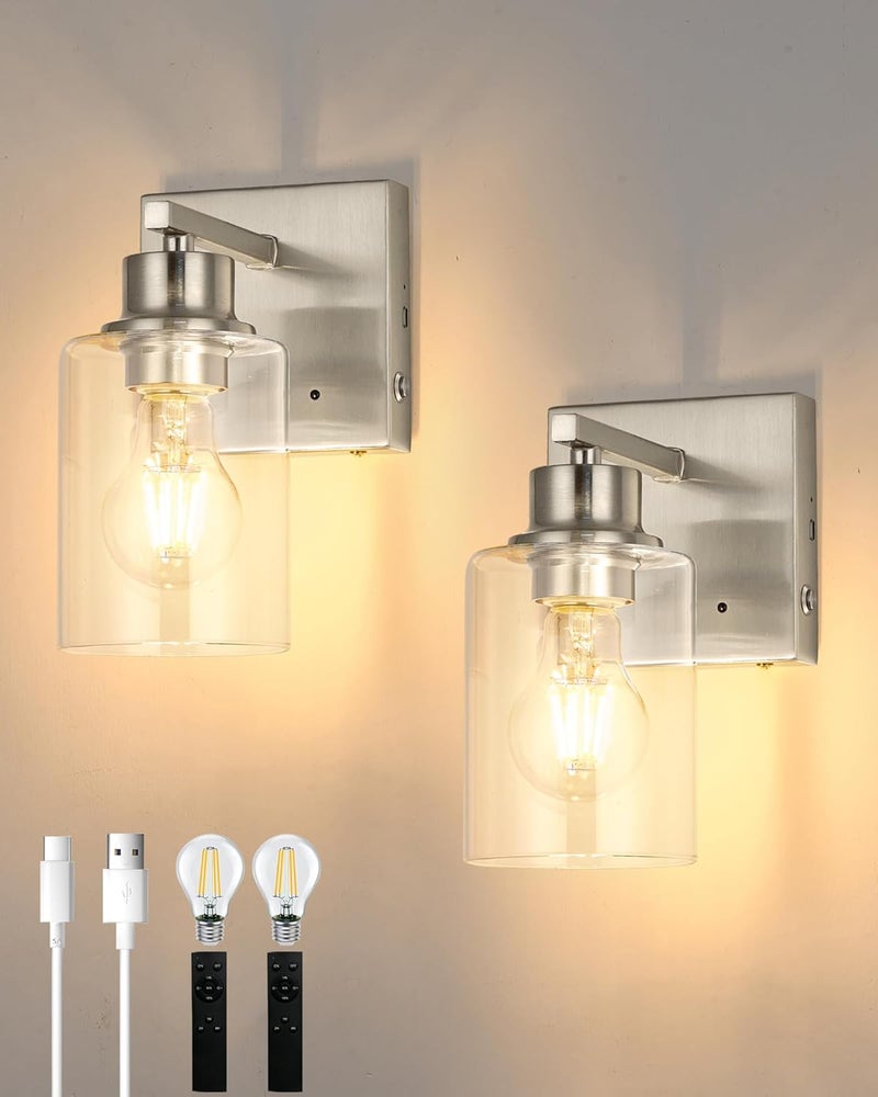 Rayogale Wireless Wall Sconces, Nickel Battery Operated Wall Sconce Set of 2 with Timer Function, Easy Install Dimmable Rechargeable Wall Lamps for Living Room, Bedroom, Hallway, Entryway Decor 3000K - Image 1